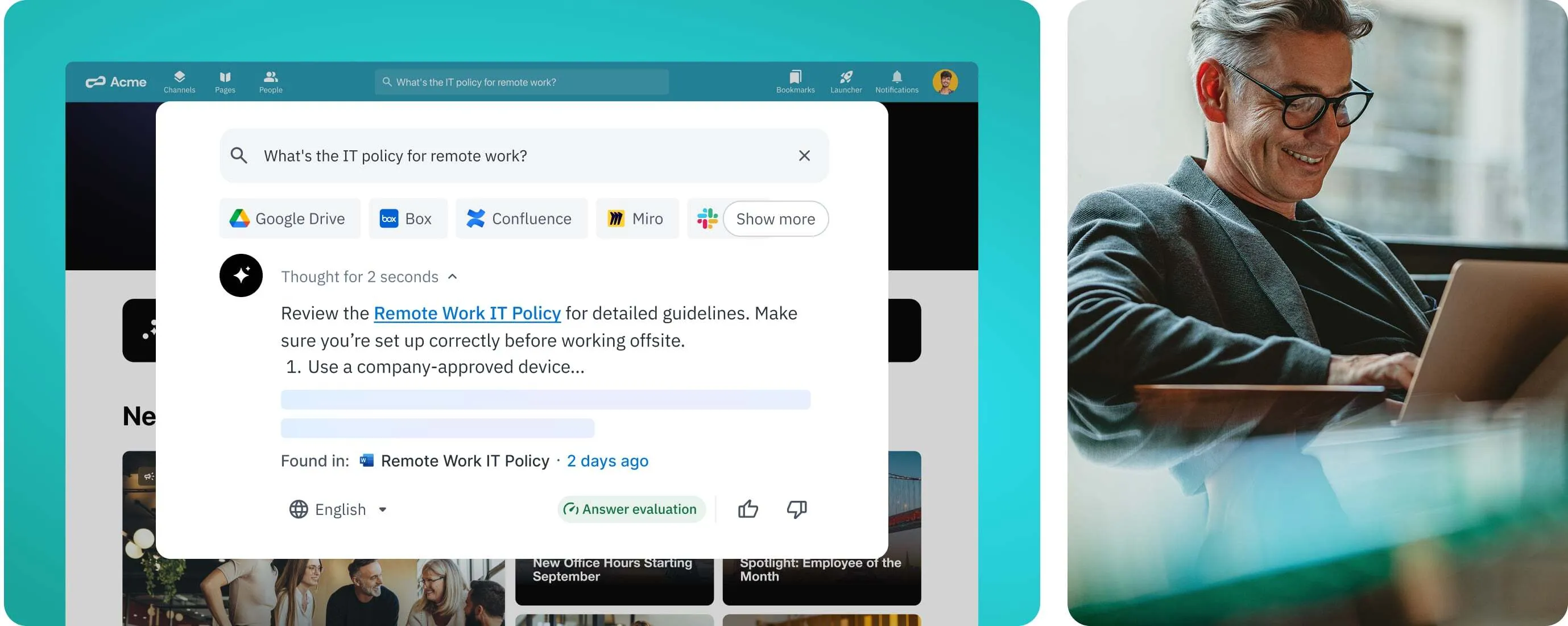 Happeo intranet channels with team collaboration posts and federated Google Drive search