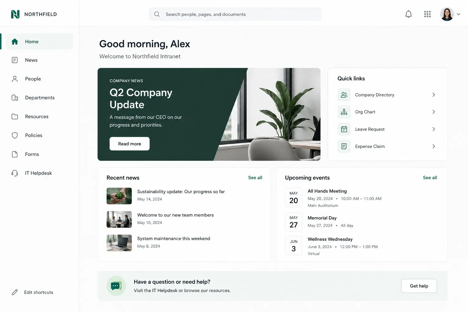 Example of a modern company intranet homepage built on Axero.