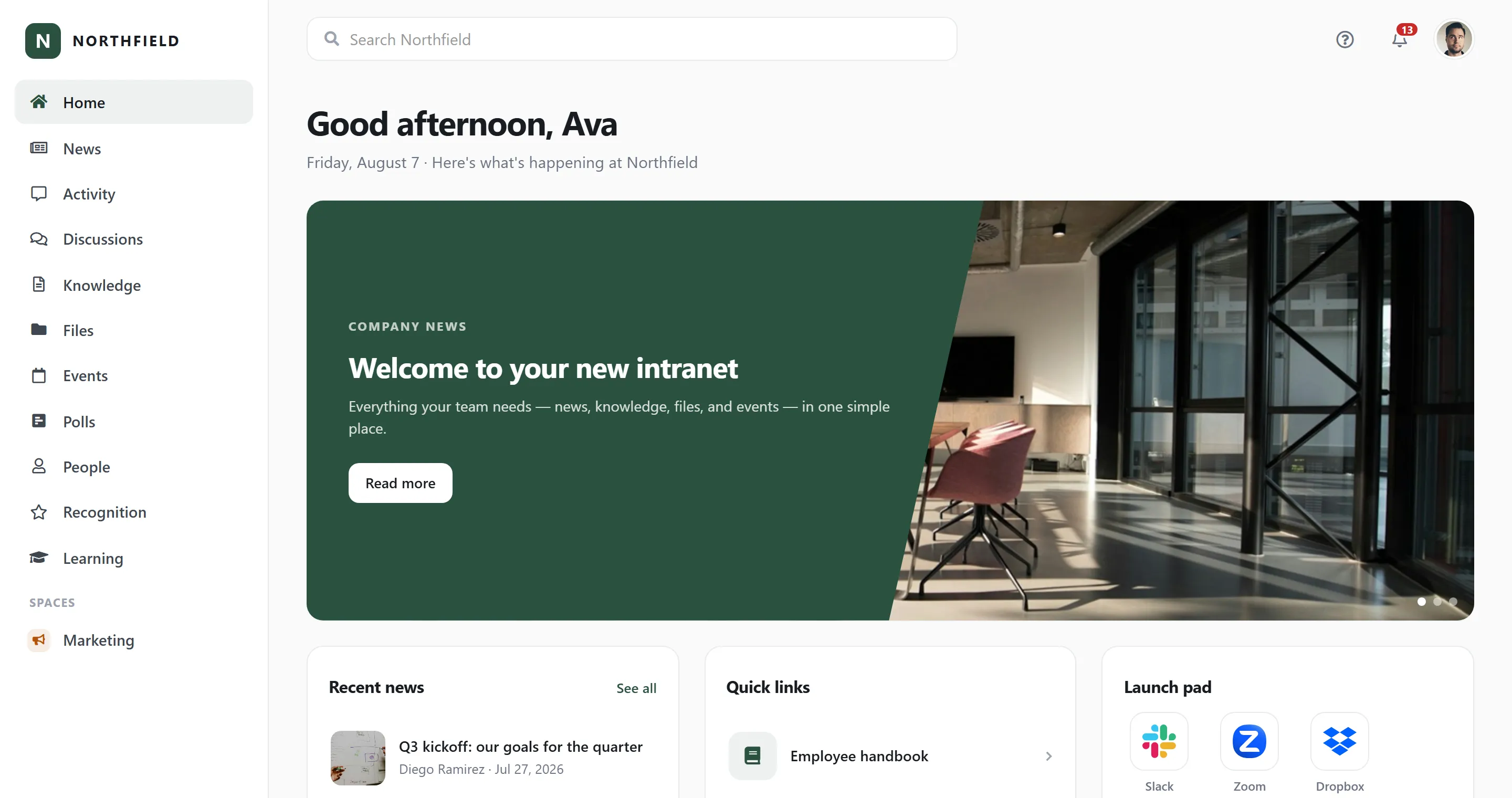 The Axero Go home page for a company called Northfield: a greeting, a featured company news story, recent news, quick links and an app launch pad.