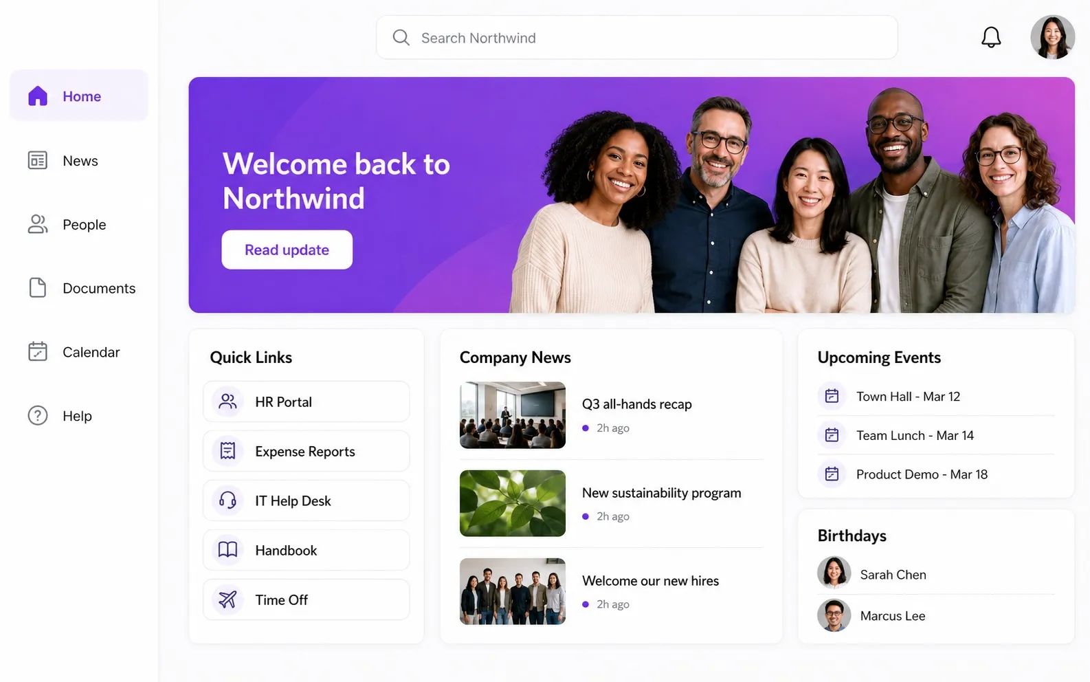 Intranet home dashboard example with quick links and company news.