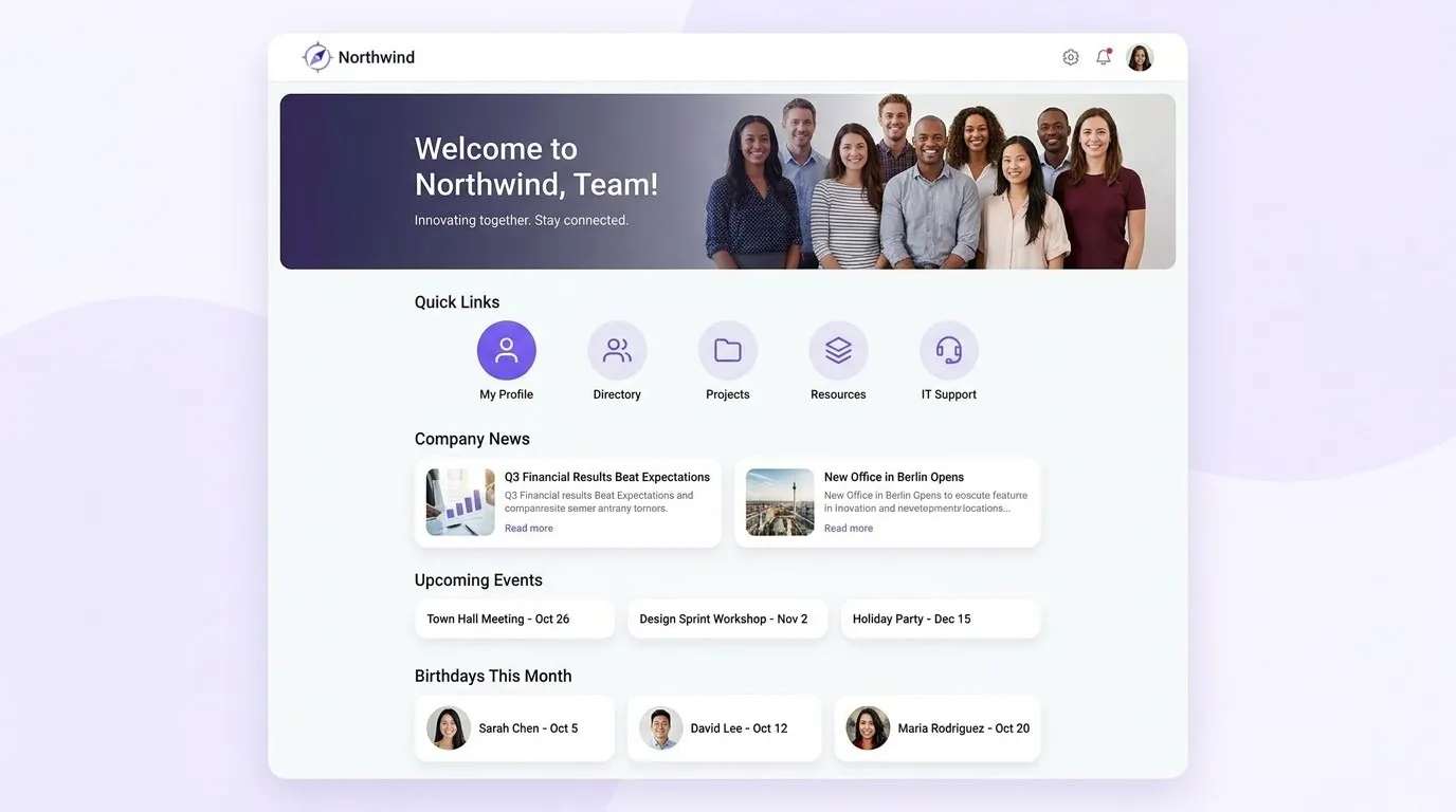 Intranet home example with a welcome banner and quick-link tiles.