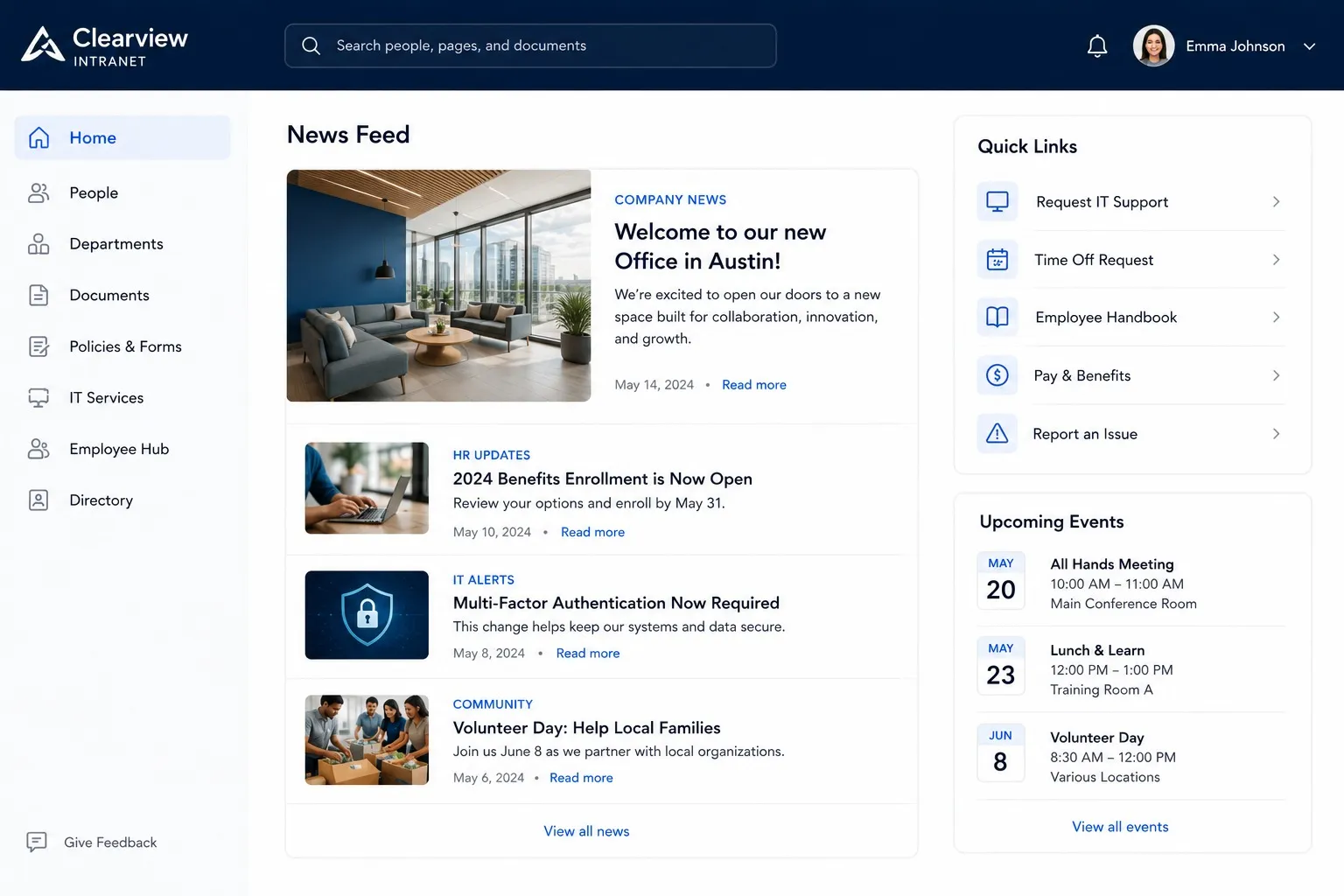 Company intranet homepage example with featured news, quick links, an activity stream and a people-and-events sidebar.