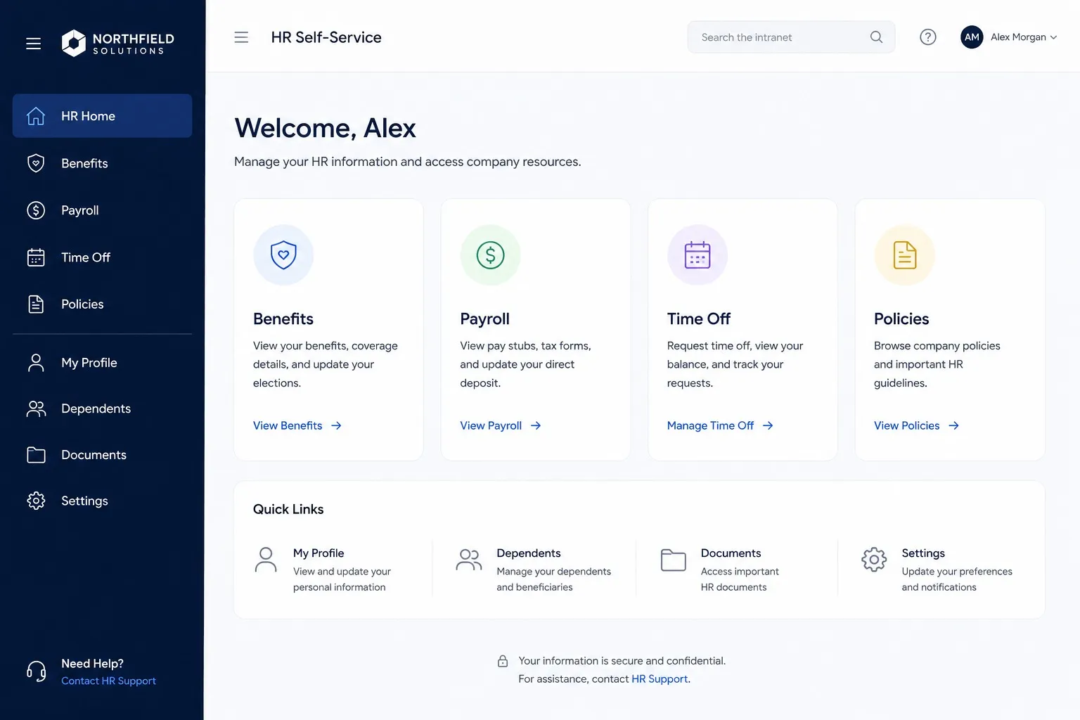 A simpler HR self-service portal example with four key cards.