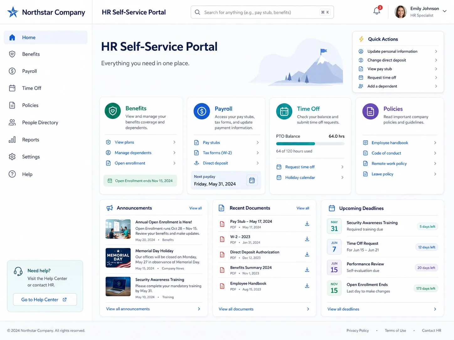 HR intranet portal example with benefits cards, payroll links, policy documents and a time-off request.