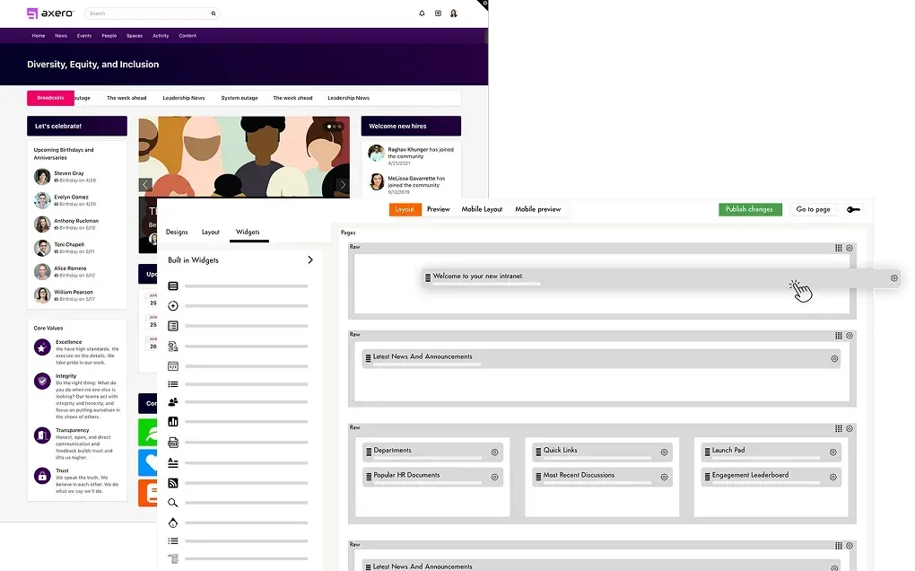 Axero intranet page editor showing a drag-and-drop layout with widgets and page sections.