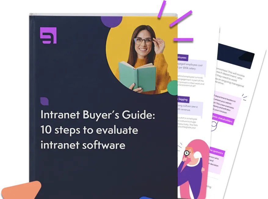 Cover of Intranet Buyer's Guide: 10 Steps to Evaluate Intranet Software w/ a smiling woman holding a book.