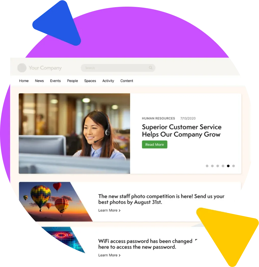 Website homepage with navigation, featured articles, smiling woman with headset, and promo buttons.