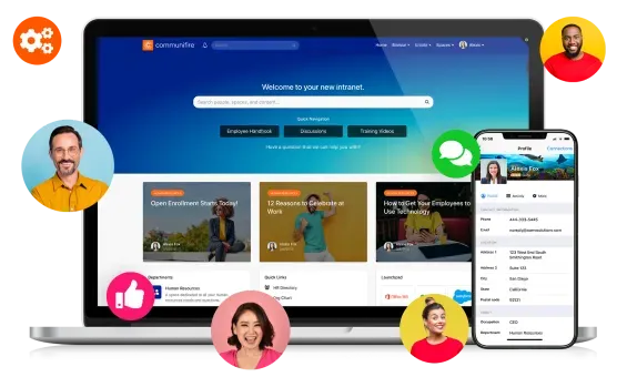 Laptop and phone show new intranet with profiles, article cards, and interactive, vivid icons.