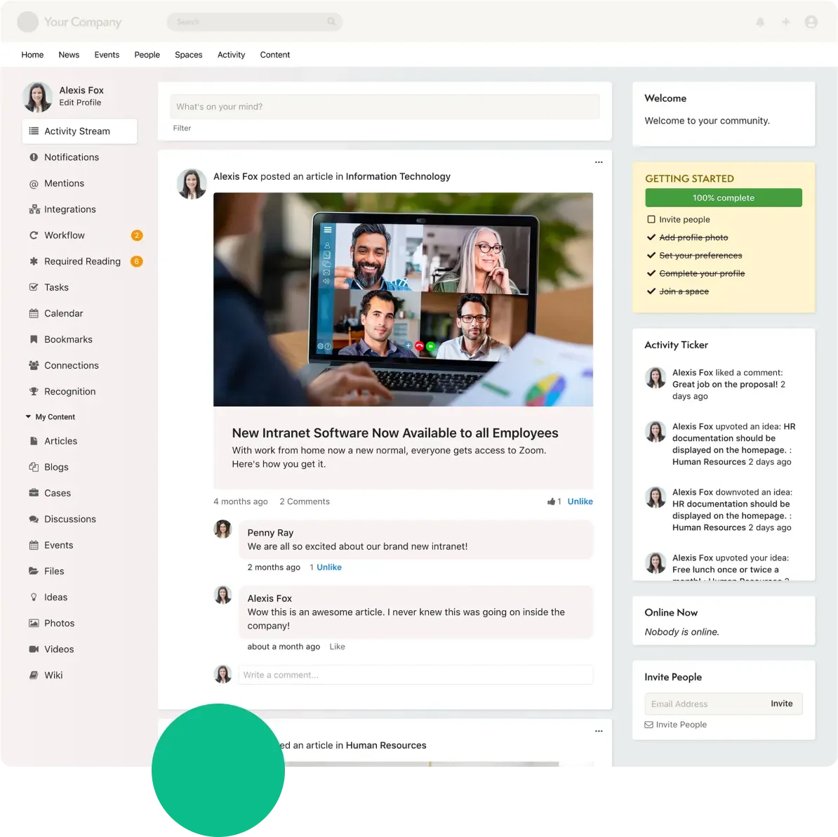 Company intranet page showing a news article on new intranet software with a video call of four participants.