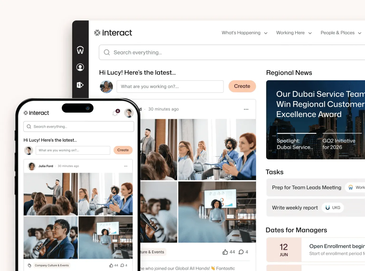 Interact intranet homepage with governed content sections, compliance workflows, and enterprise search