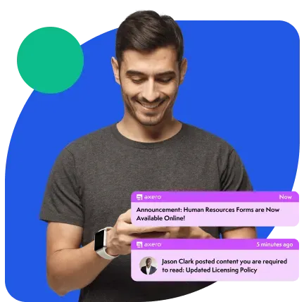 Smiling man in gray shirt looking at phone against blue background, with HR and licensing notifications.