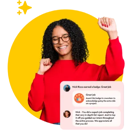 Smiling woman in red sweater celebrates with fists raised against yellow circle; message highlights recognition.