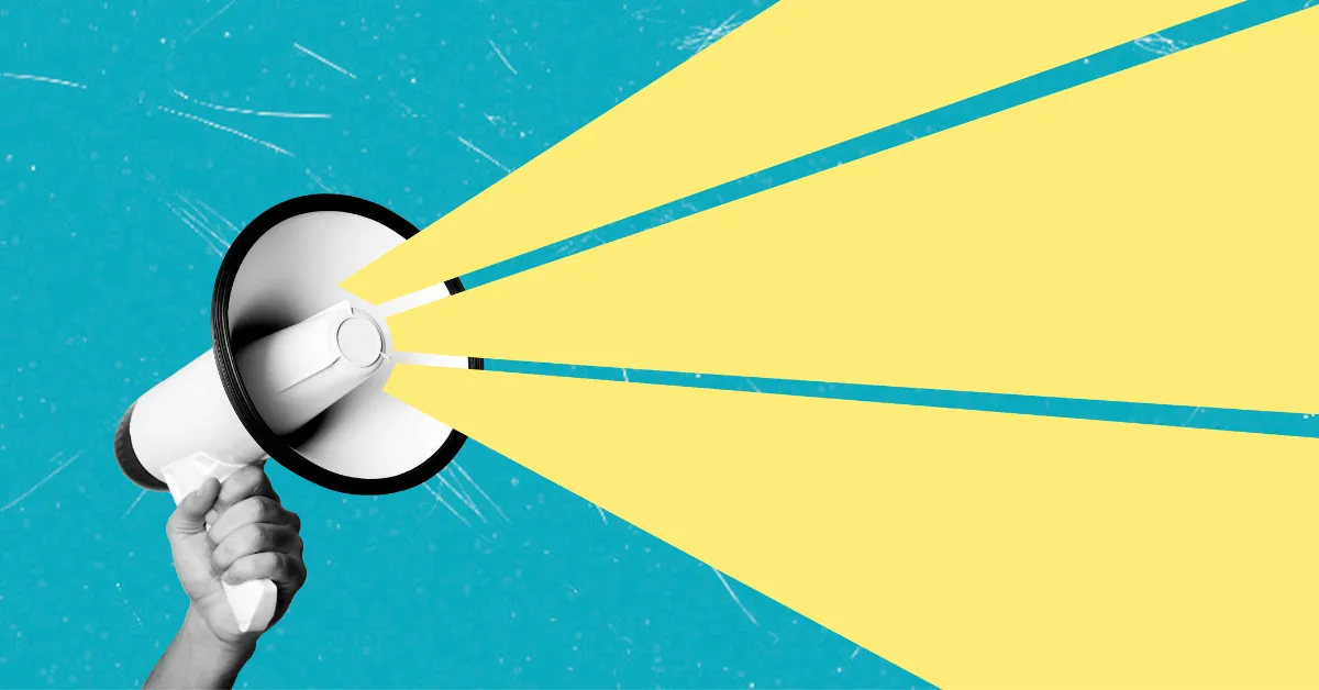 A hand holding a white megaphone with broad yellow sound beams radiating across a teal background