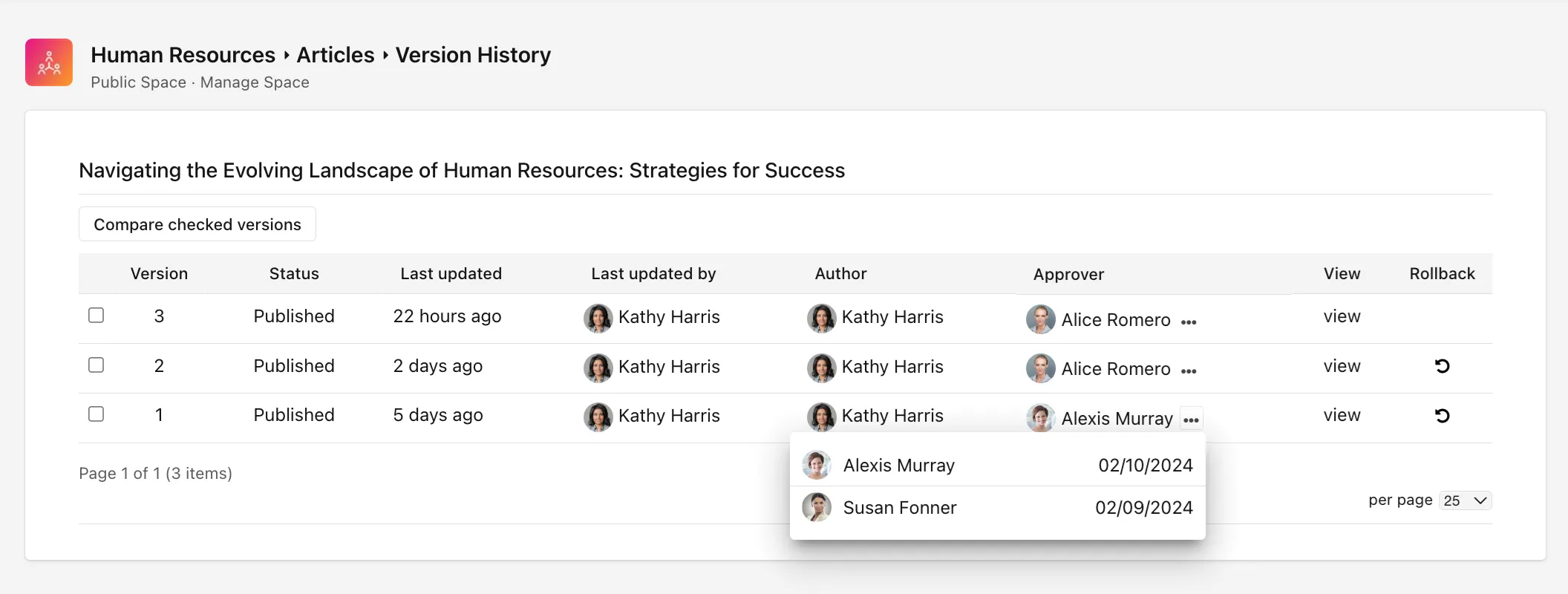 Version history for an intranet article showing each published version with its author, approver, and last-updated time, plus rollback controls