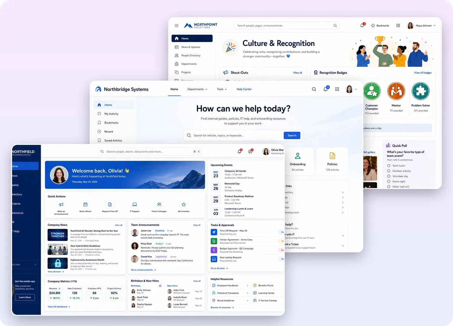 A showcase of Axero intranet pages — a company homepage, a knowledge base, and a culture and recognition hub — built with expert help.