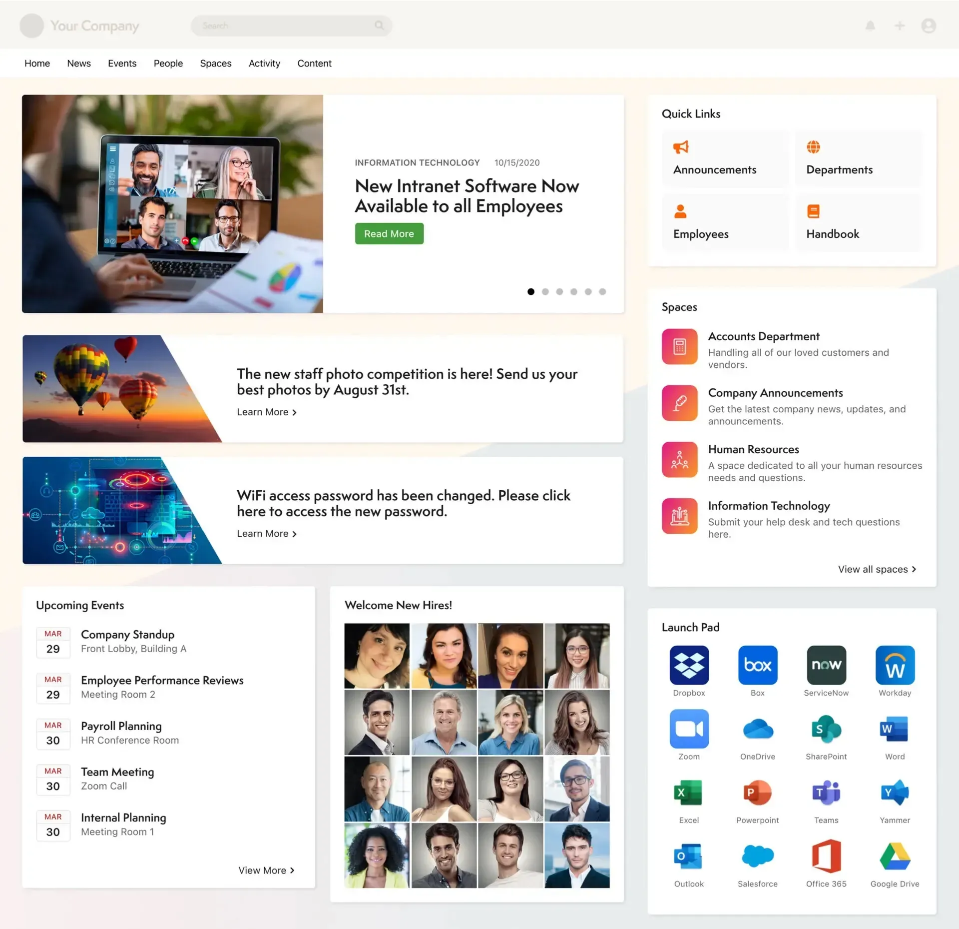 Axero intranet homepage showing announcements, recognition, files, and team spaces in one branded hub.