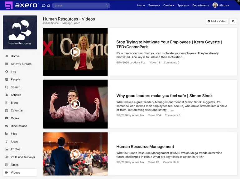 Axero video library in a Human Resources space, listing recorded talks with views and comments