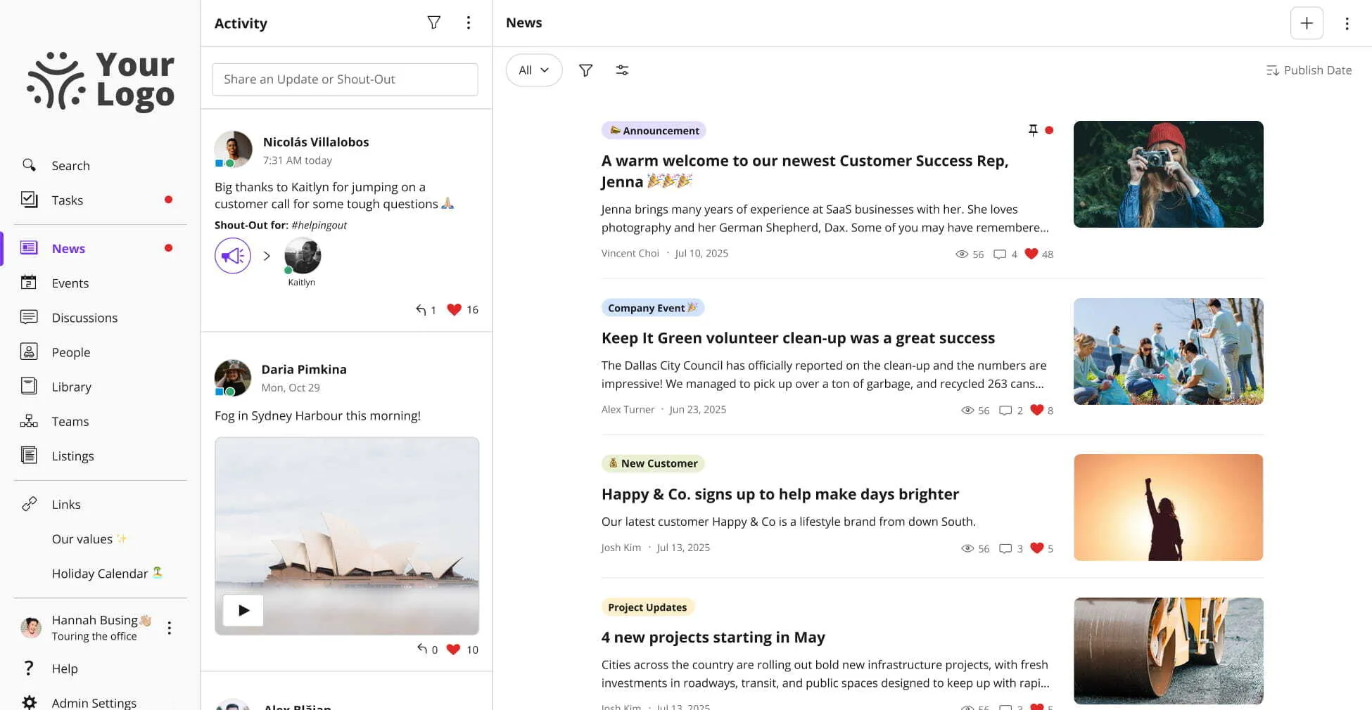 Jostle intranet showing structured News and People views with a clean fixed layout
