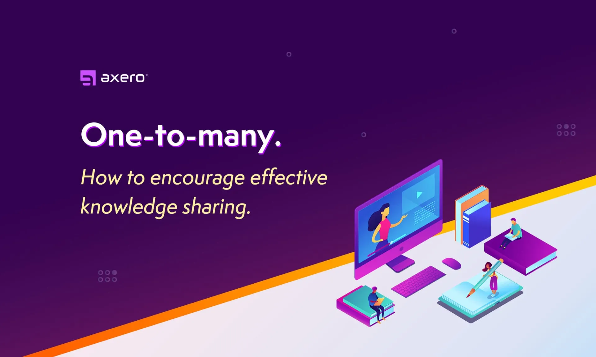 Vibrant promotional graphic titled 'One-to-many. How to encourage effective knowledge sharing,' featuring illustrations of three people engaging with digital content on a purple background.