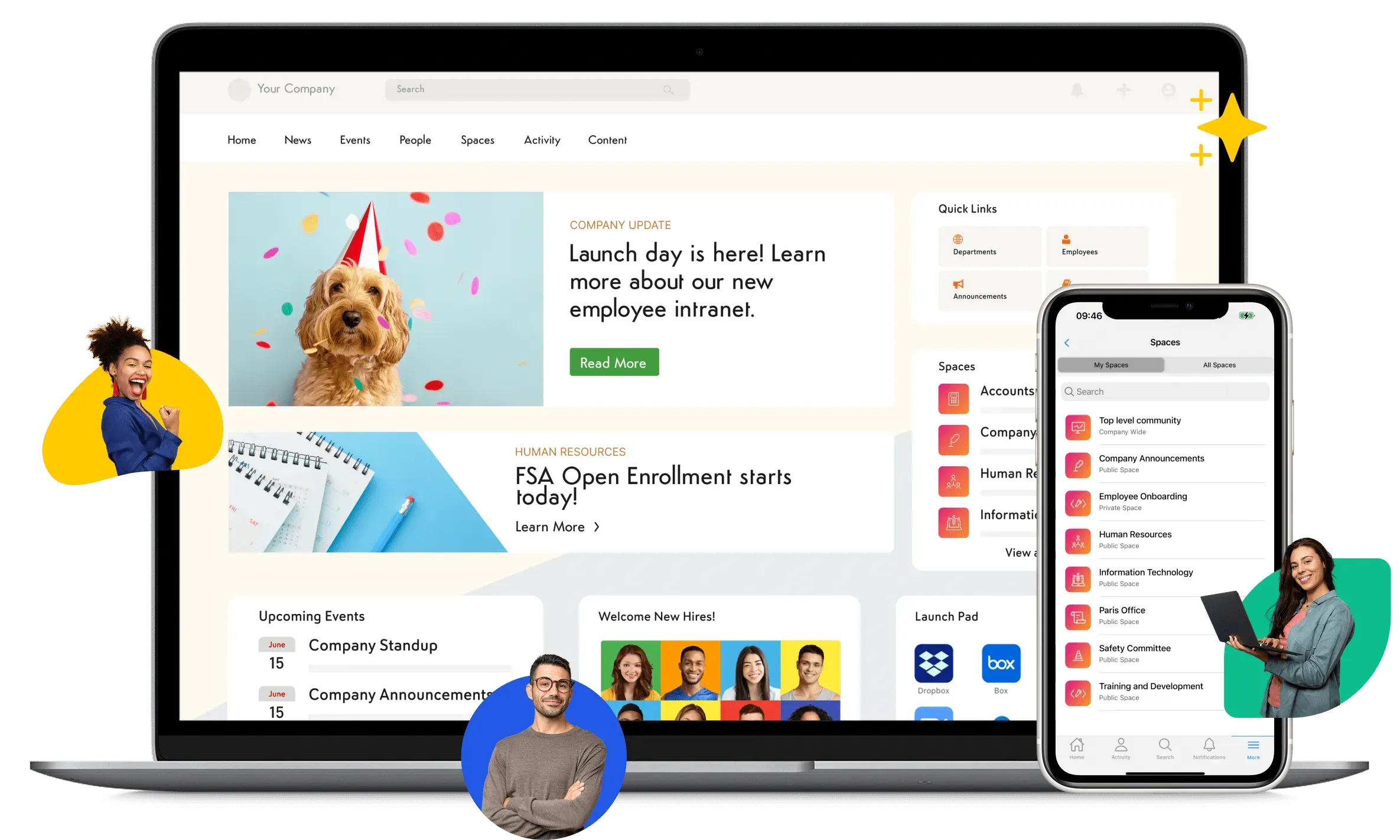 Laptop and phone showing Axero intranet with people and colourful core value badges