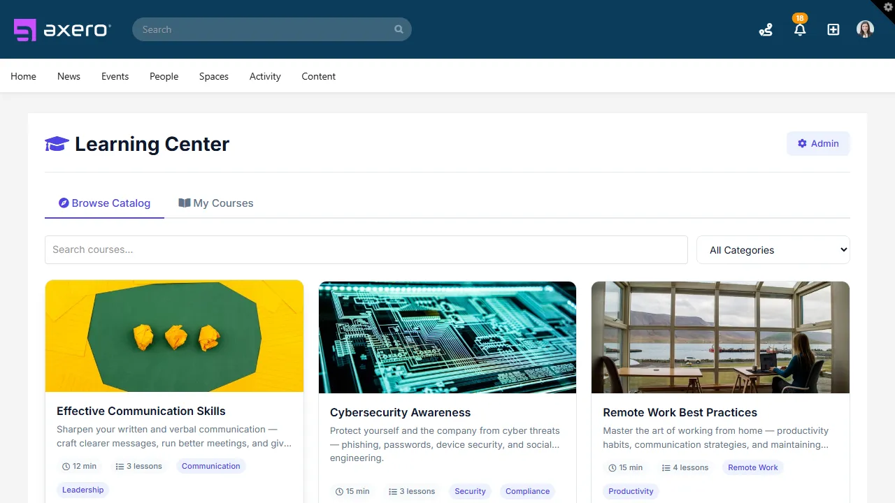 The Axero LMS running inside the intranet