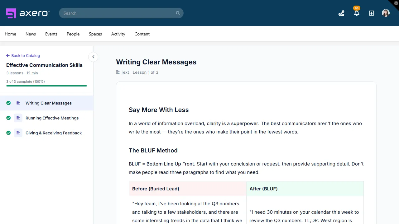 A lesson inside an Axero LMS course