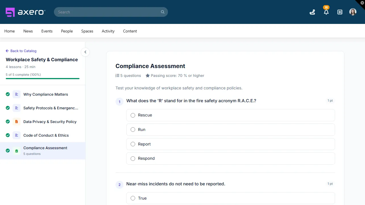 An auto-scored quiz in the Axero LMS