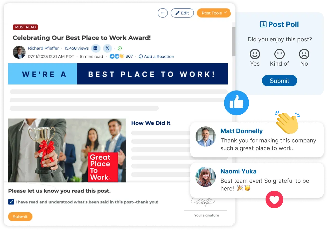MangoApps unified workspace showing intranet news feed alongside task tracking and team messaging