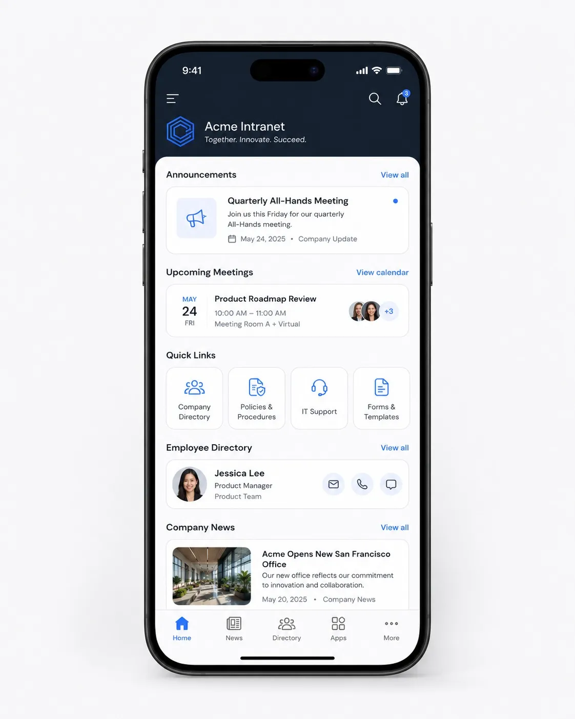 Company intranet mobile app with announcements and directory.