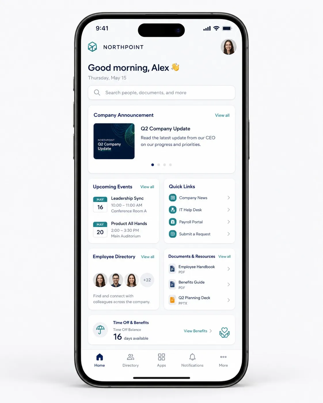 Company intranet mobile app home feed example.