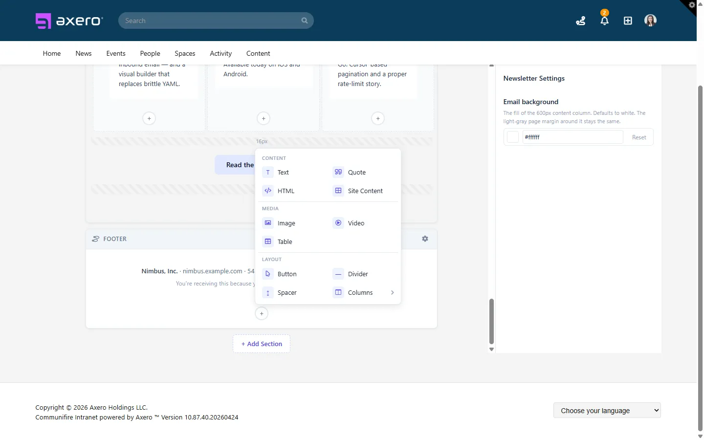 The block-based Axero newsletter builder