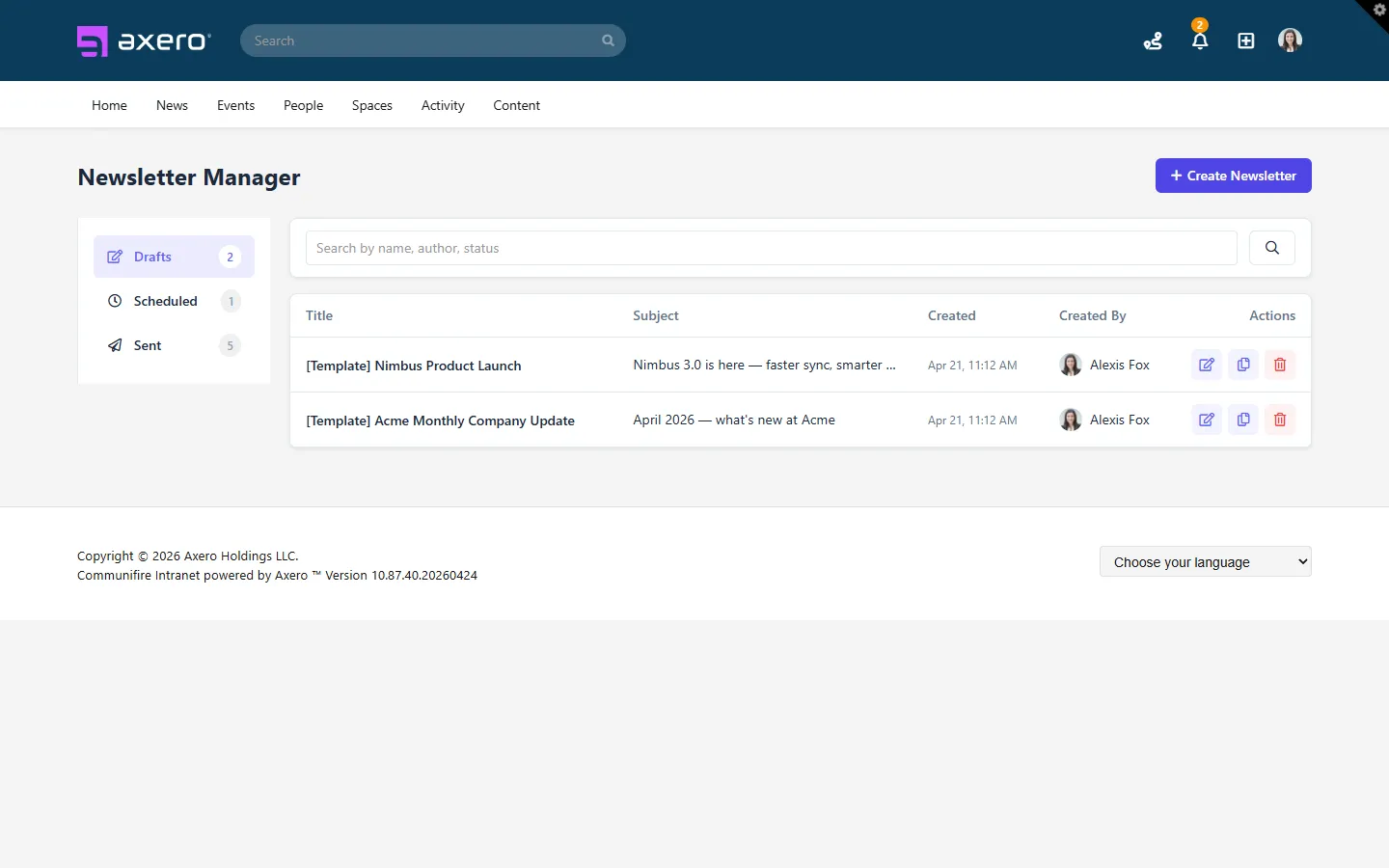 The newsletter dashboard with delivery status