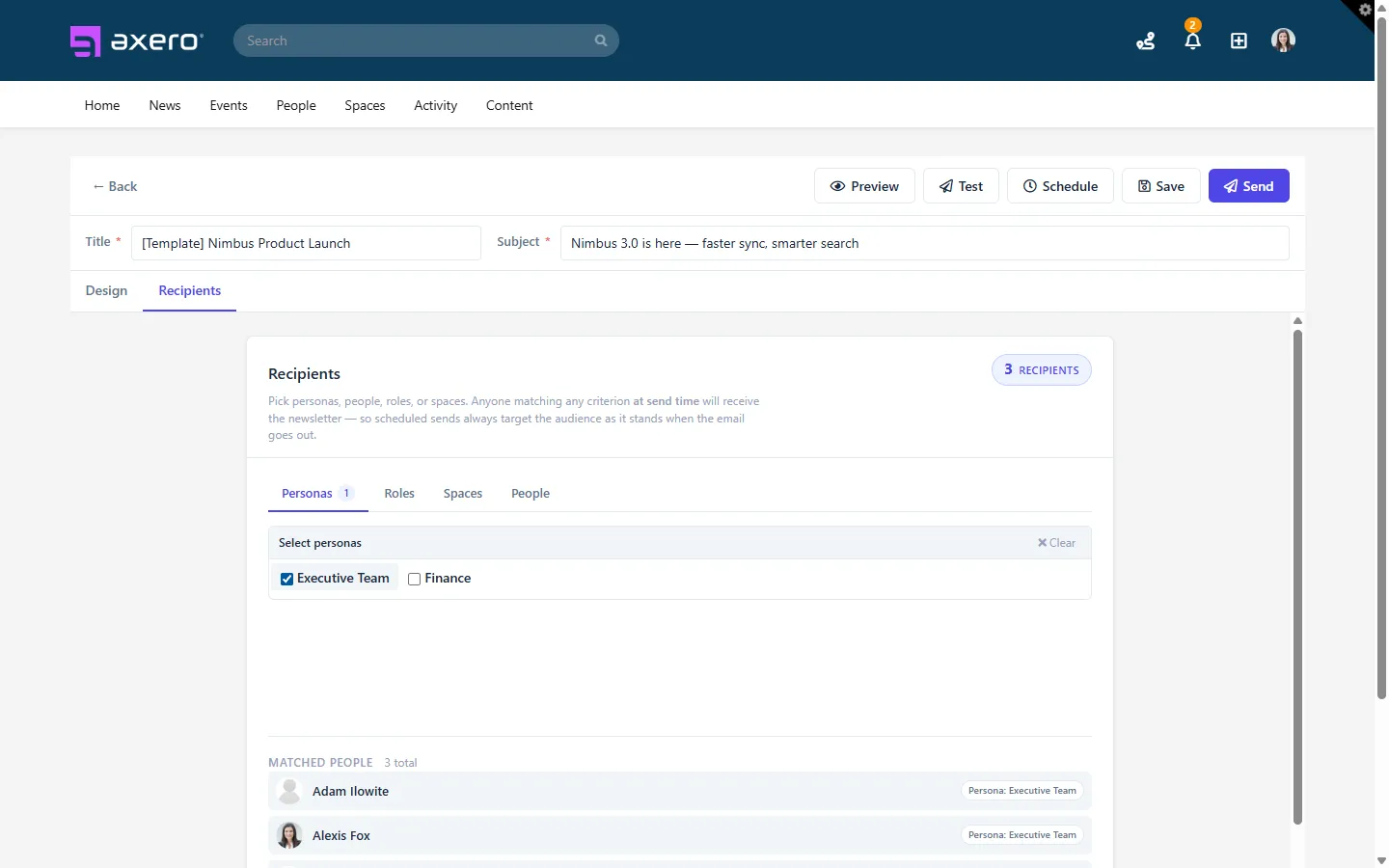 Audience targeting in the Axero Newsletter Manager