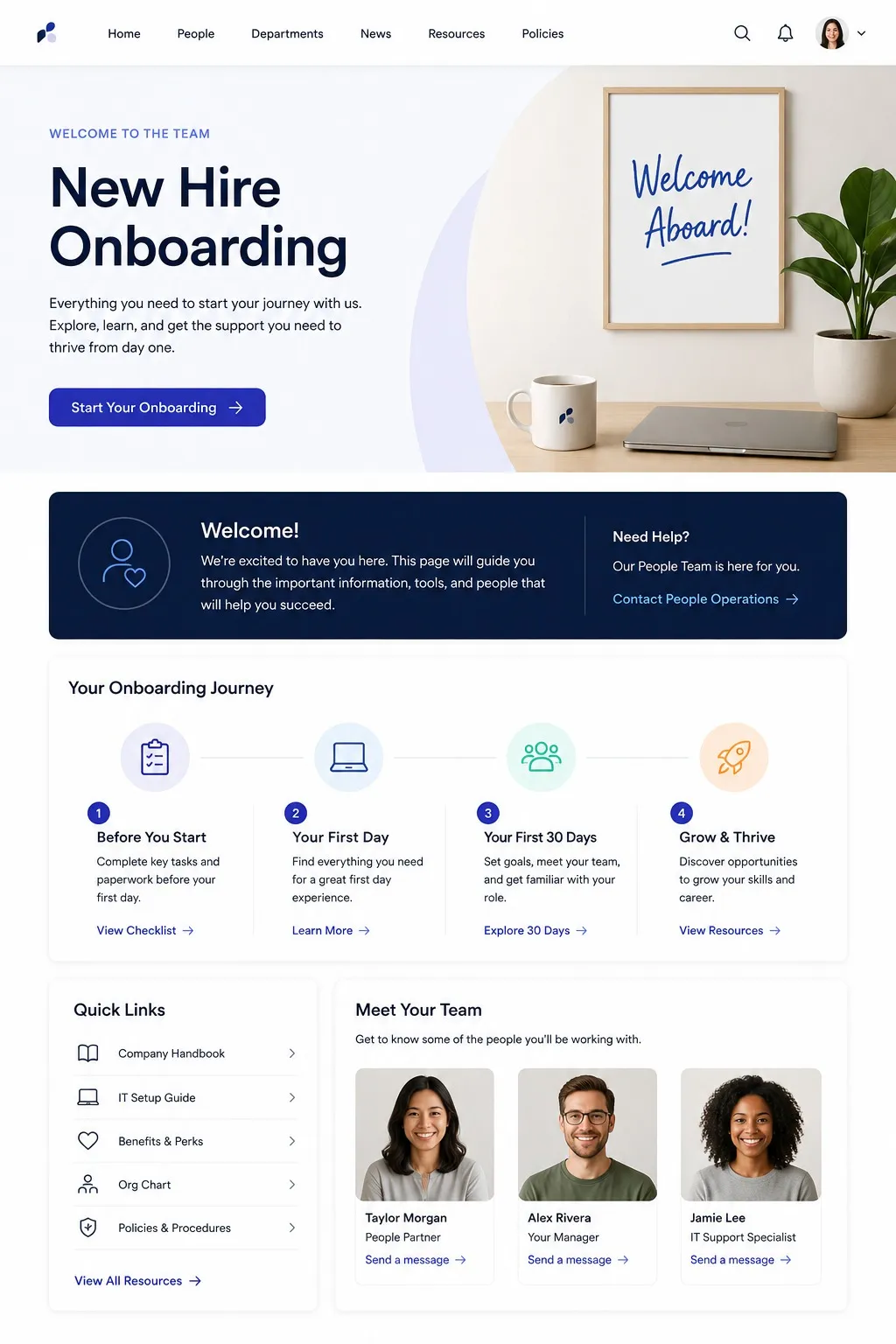 New-hire onboarding example with an onboarding-journey timeline.