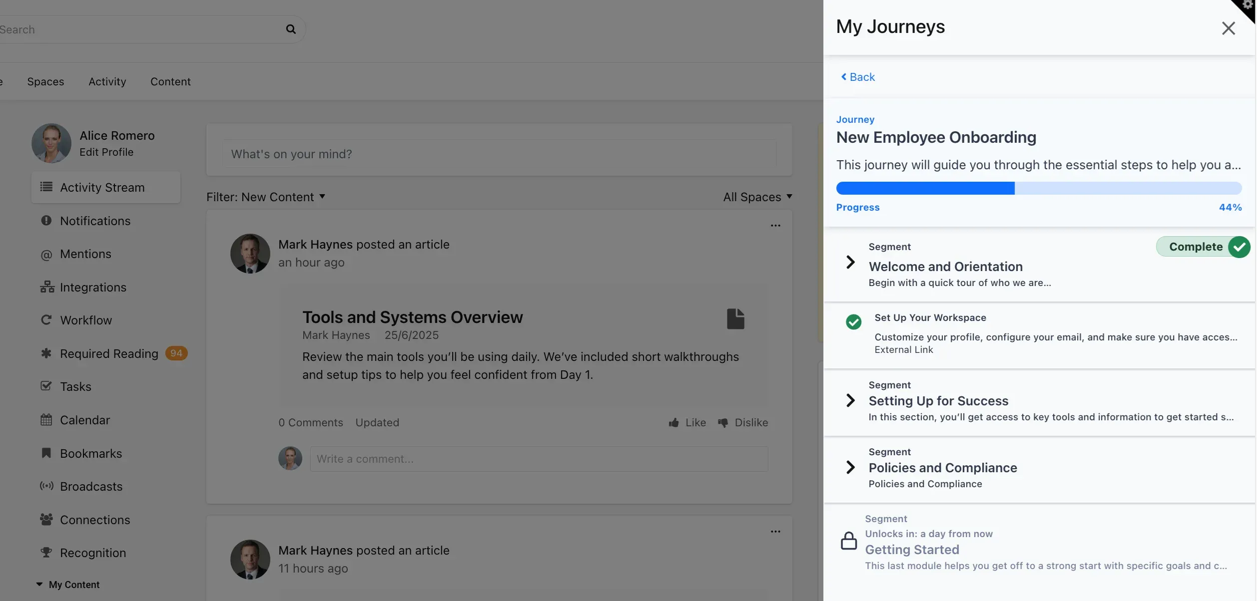 Axero My Journeys panel showing a New Employee Onboarding journey with progress.