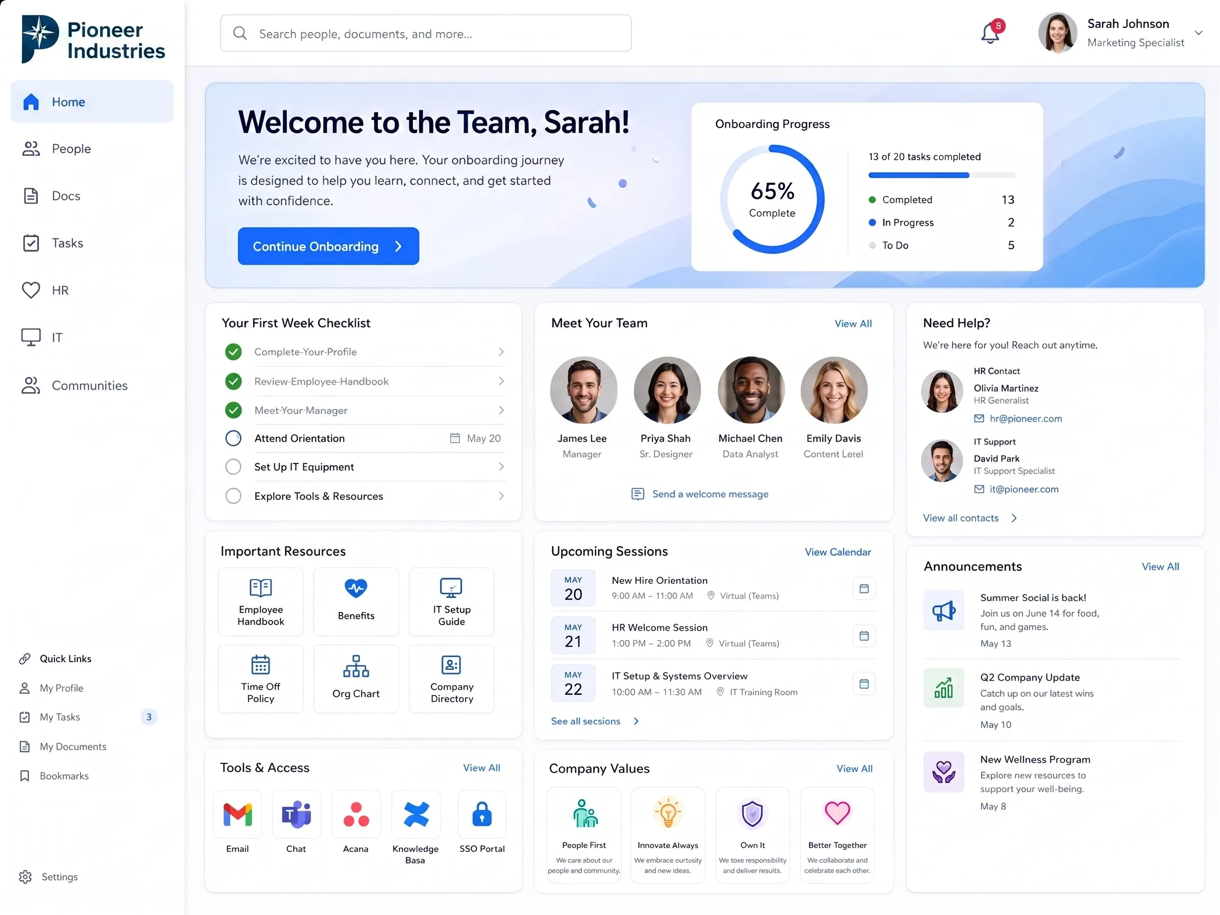 New-hire onboarding intranet example with a welcome banner, onboarding checklist and team introductions.
