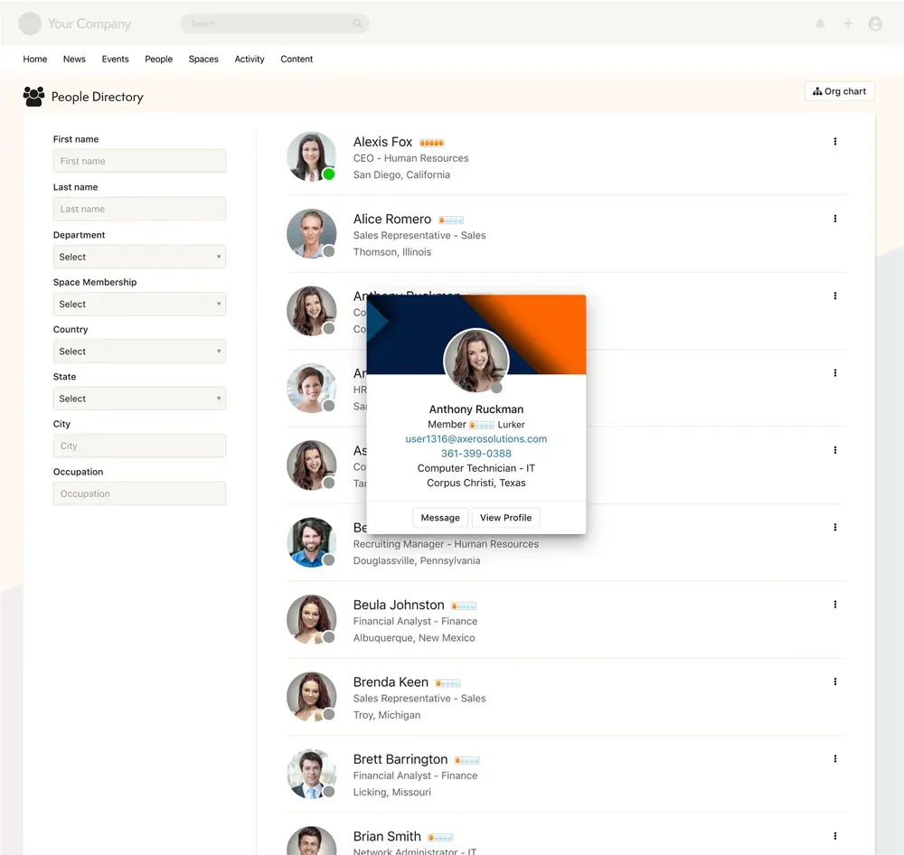 Employee directory showing staff profiles, photos, and job titles.