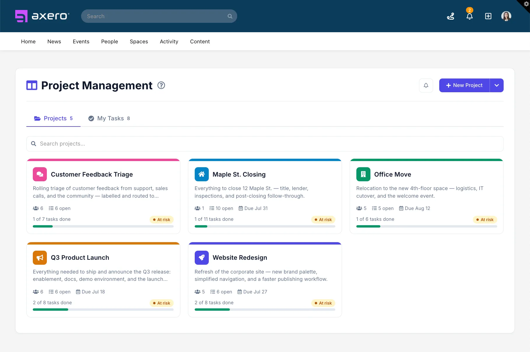 The Axero Project Management workspace with active projects, status, and progress