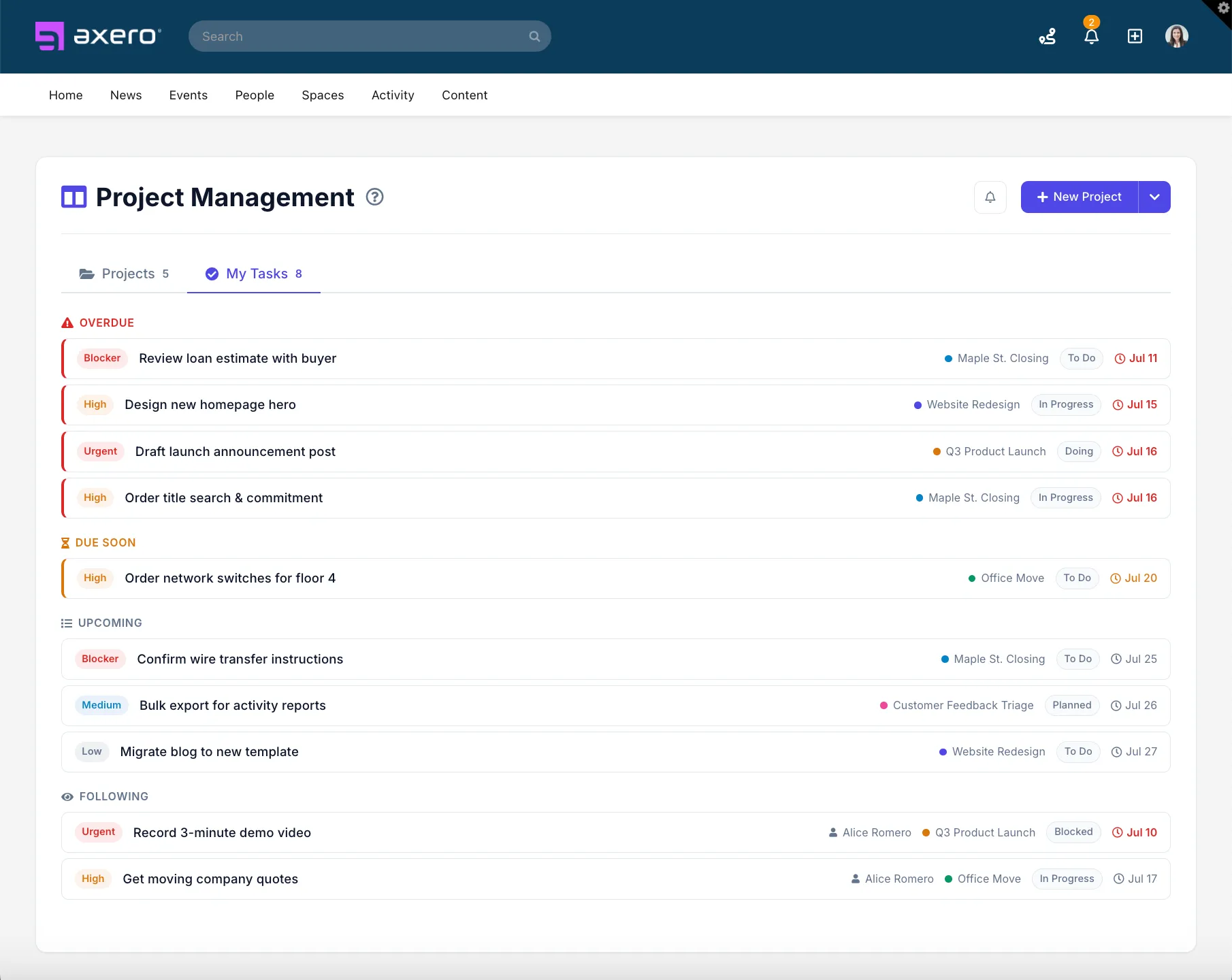 A personal My Tasks list spanning multiple Axero projects