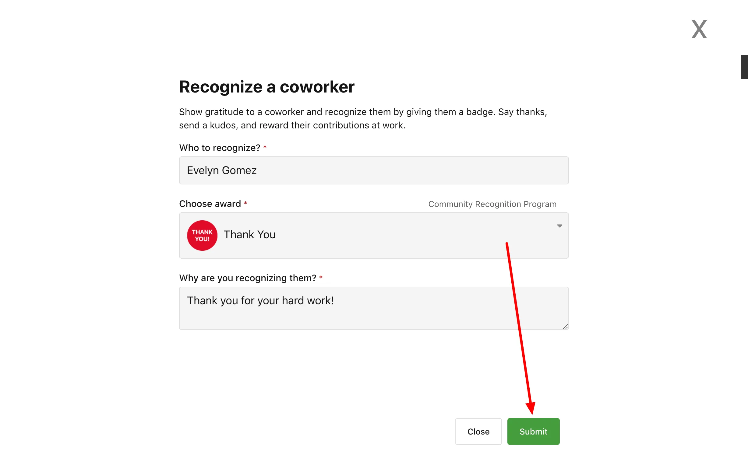 Recognizing a coworker with a badge in Axero
