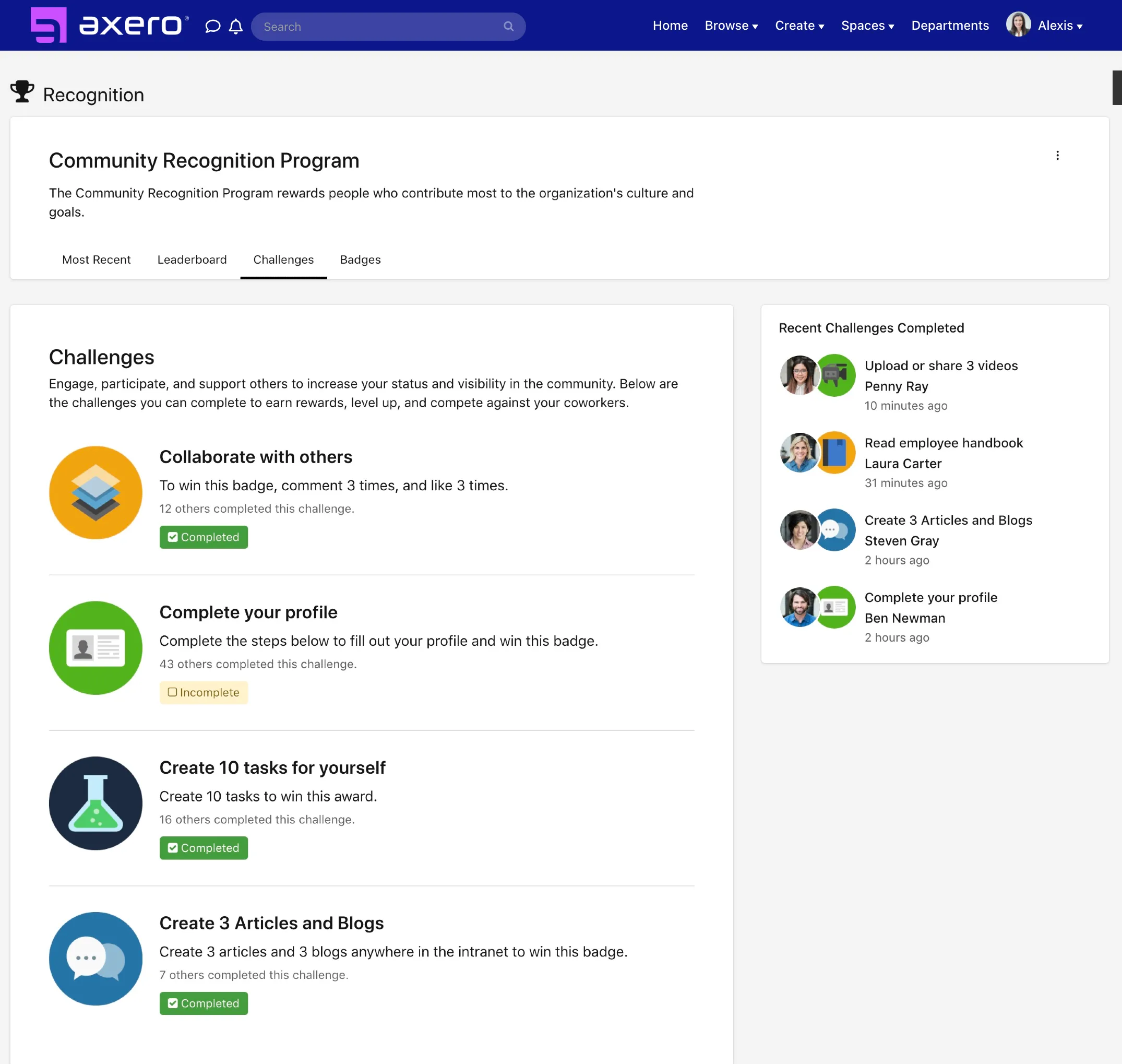 Challenge badges in Axero employee recognition