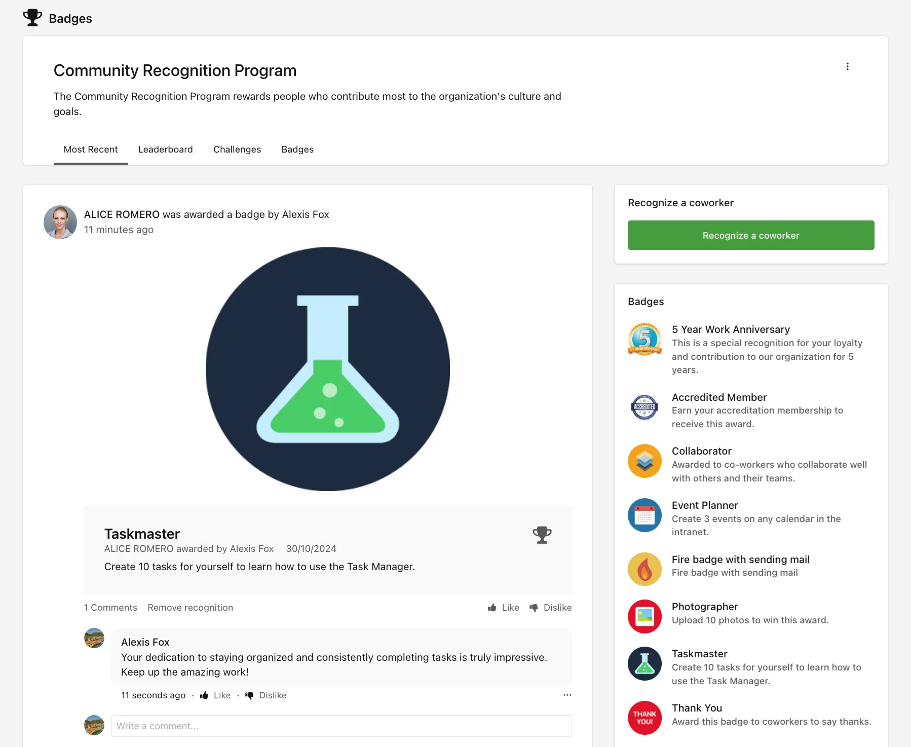 An Axero recognition program feed with awarded badges