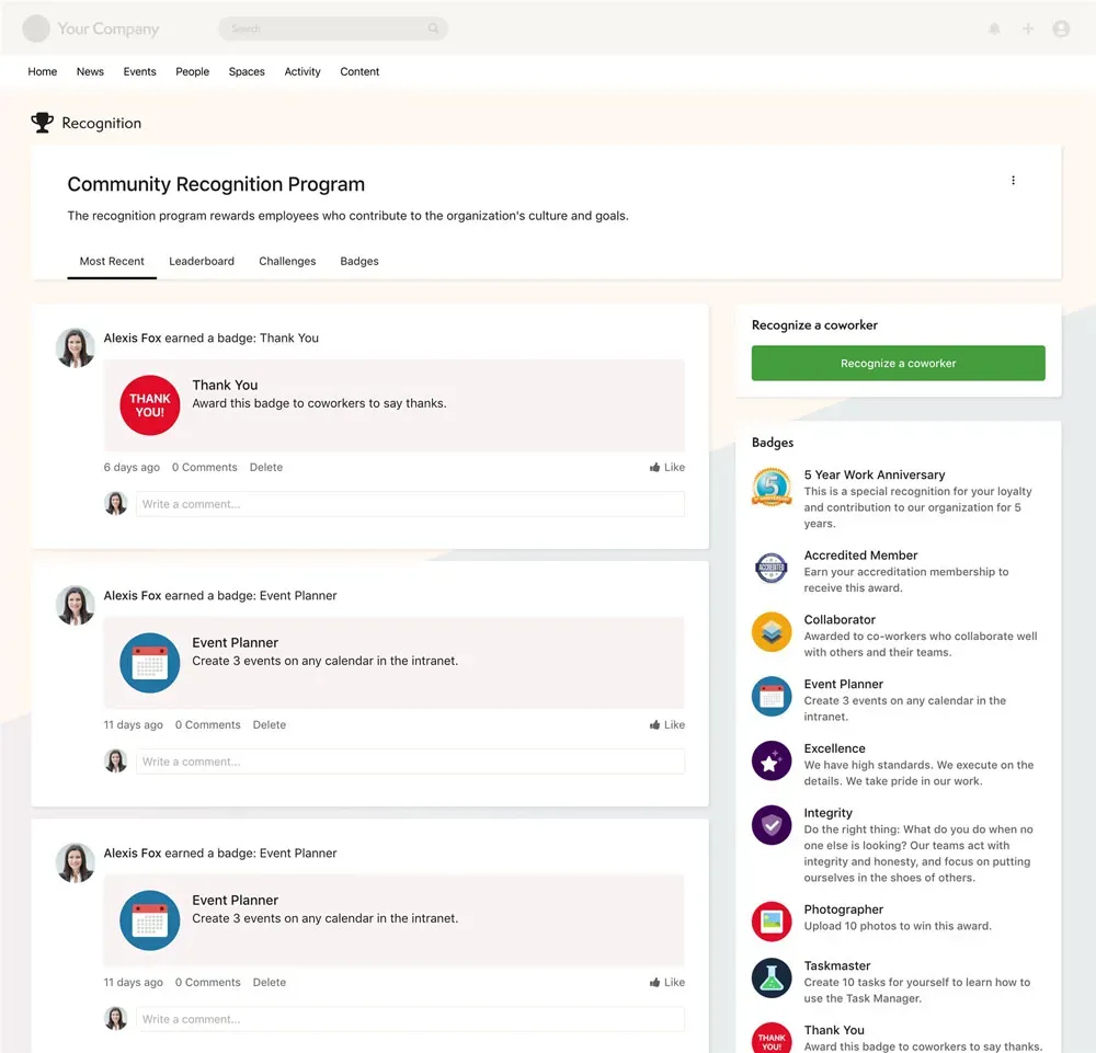 Recognition badges awarded on an employee profile.