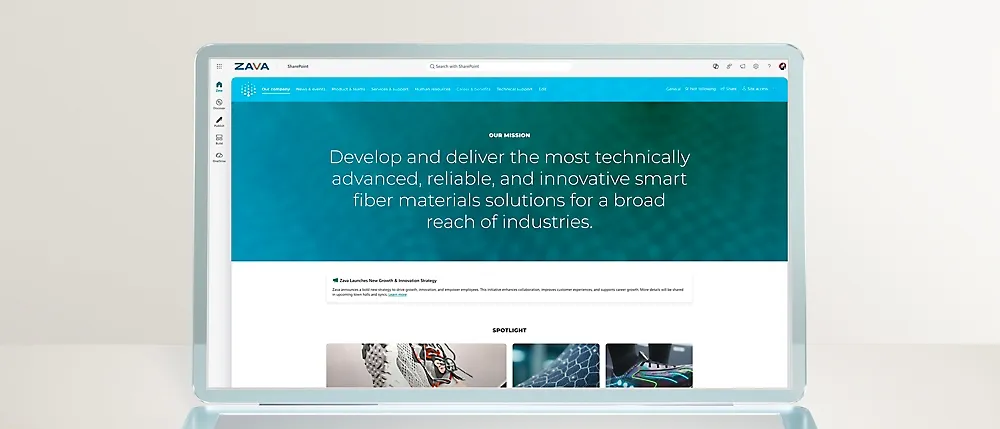 Microsoft SharePoint intranet site with document libraries, news web parts, and Microsoft 365 navigation