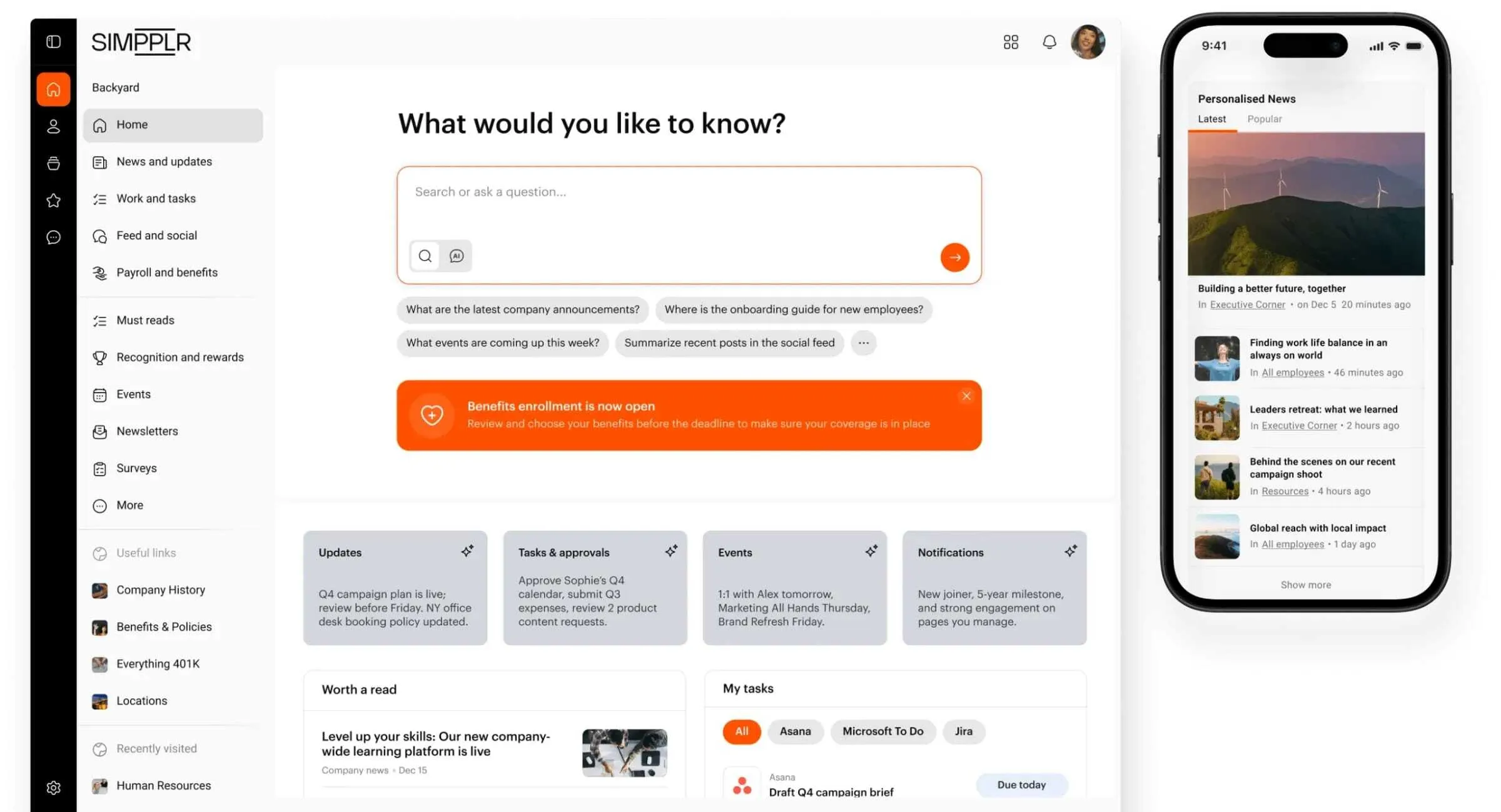 Simpplr intranet home page with personalized news feed and clean, minimal interface
