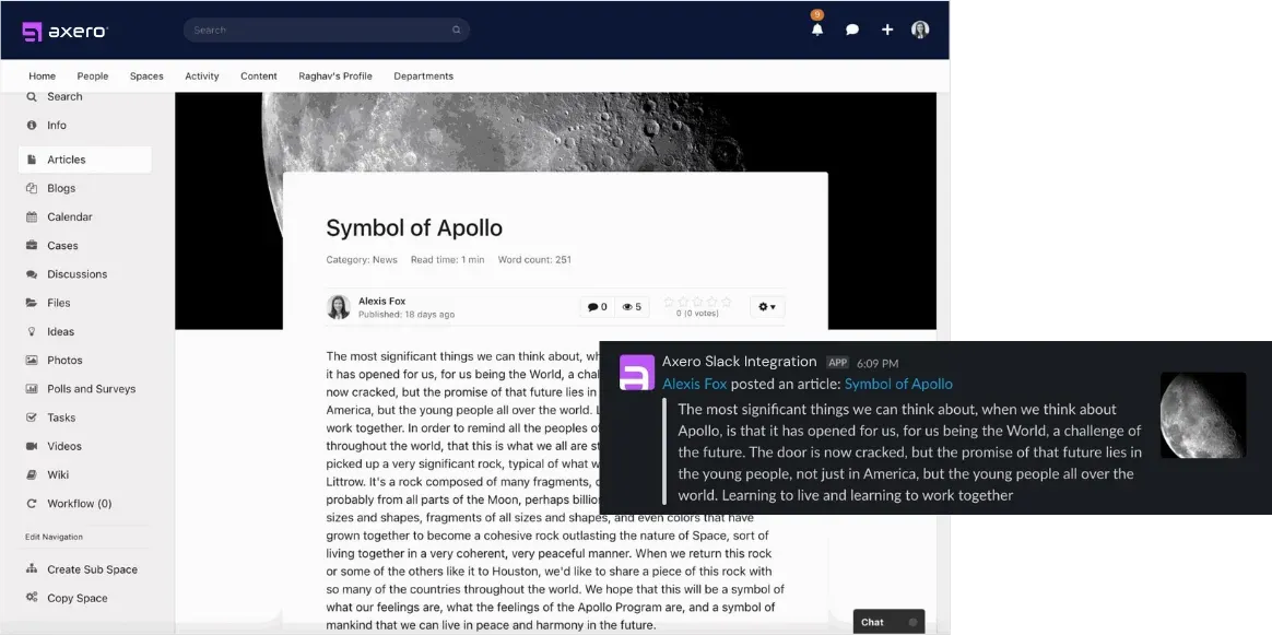 An article published in Axero, with the matching post the Axero Slack integration shared to a Slack channel