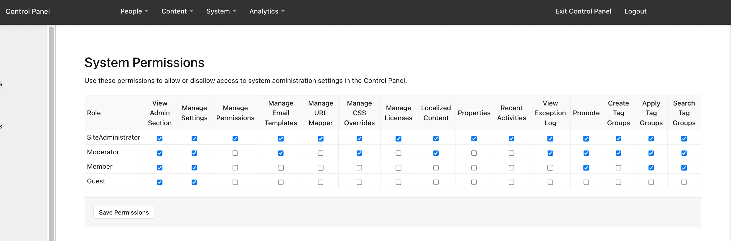 Axero system permissions matrix showing which administrative actions each role — site administrator, moderator, member, and guest — is allowed to perform