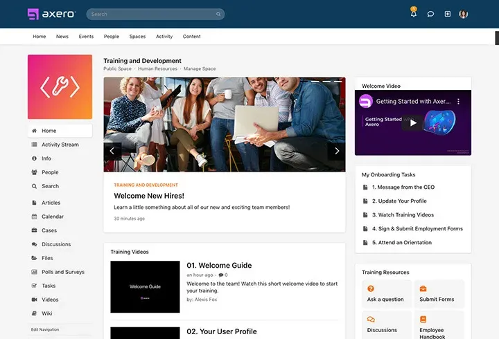 Axero Training and Development Space with onboarding tasks, training videos, and resources.
