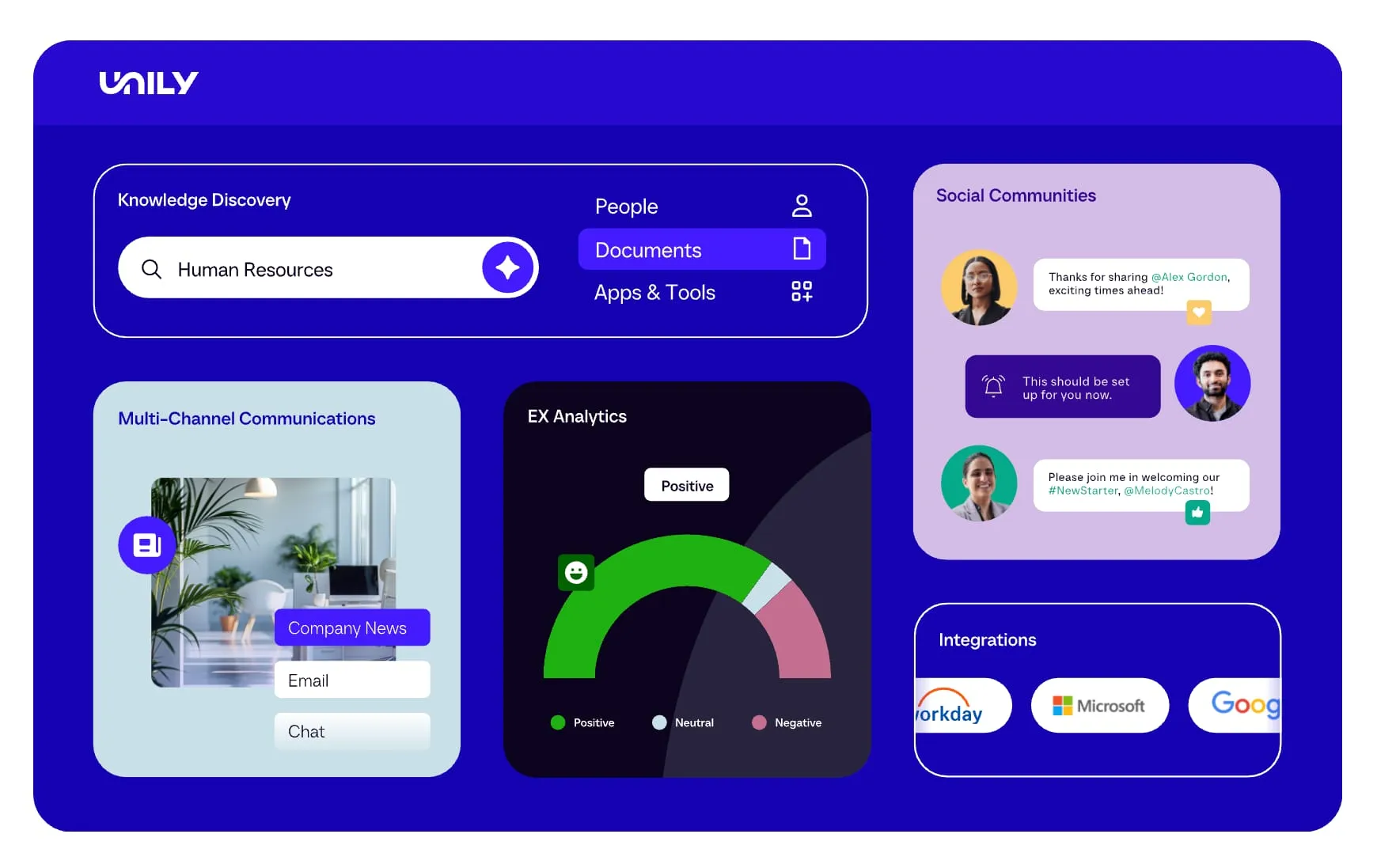 Unily intranet dashboard with corporate news, engagement widgets, and integrated third-party tools