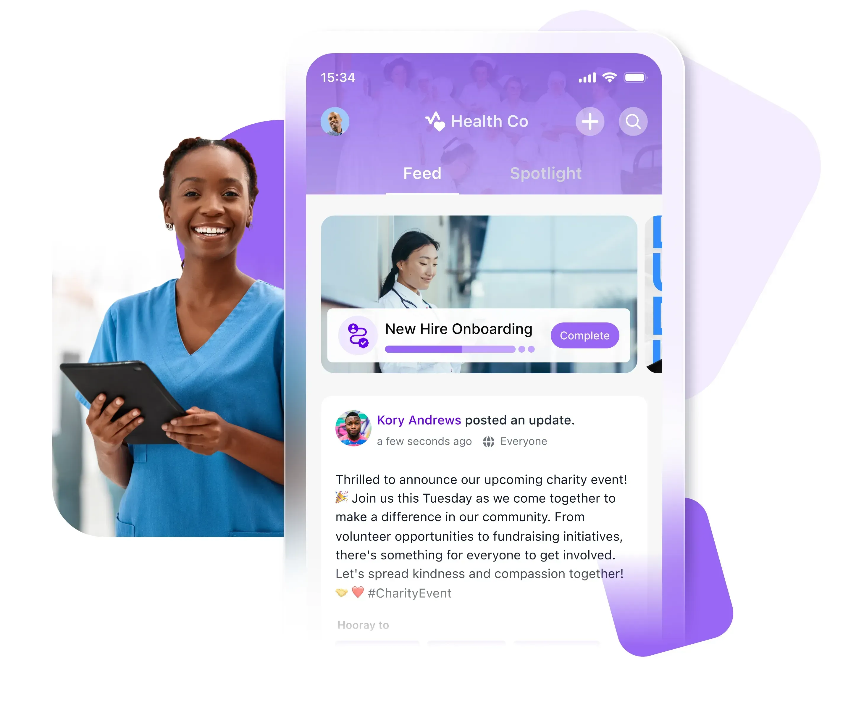 Workvivo intranet social activity feed with employee posts, reactions, and community shout-outs